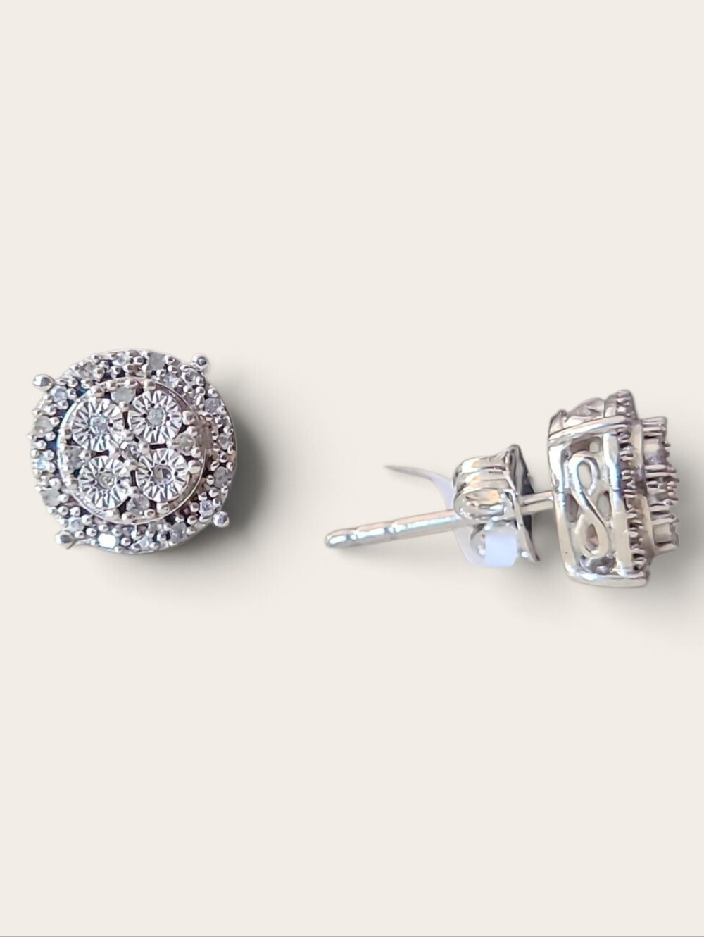 Sterling Silver Diamond Cluster Stud Earrings - White
